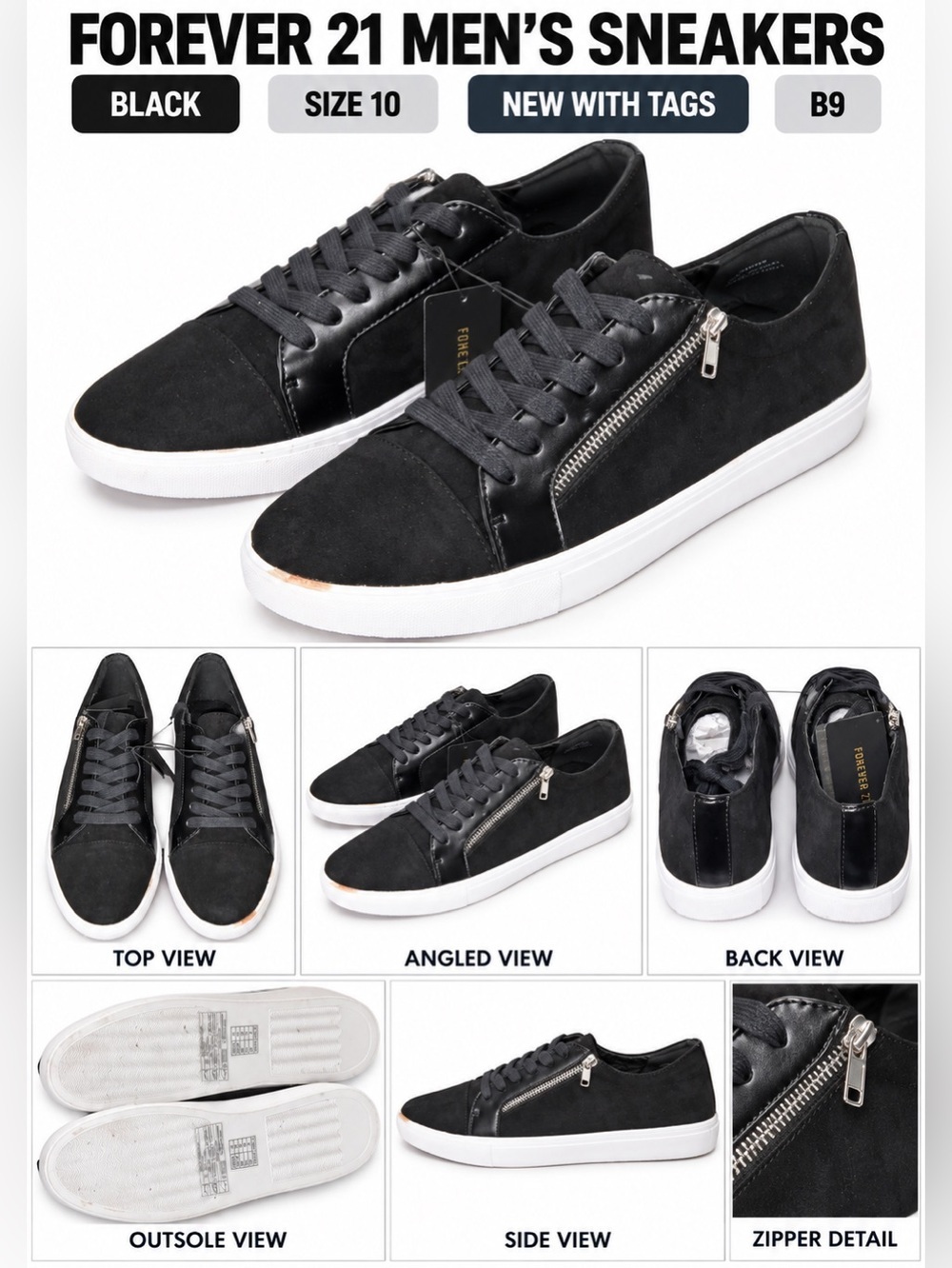 FOREVER 21 MEN’S TENNIS SNEAKERS – BLACK SIZE 10 (NEW WITH TAGS) B9